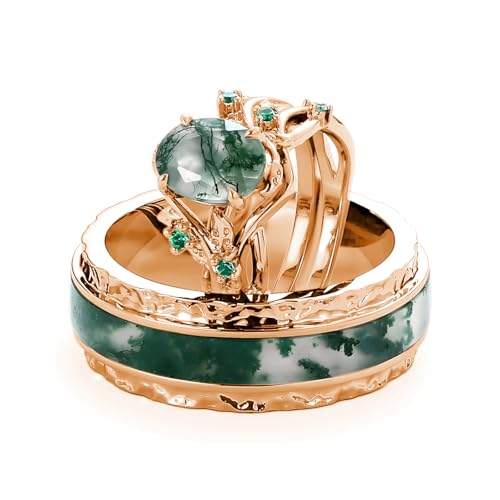 Natural Moss Agate Couple Wedding Rings Sets, S925 10K 14K 18K Oval Cut Moss Agate Engagement Rings Set for Man and Women, Customized His and Her 3pcs Green Promise Bands for Anniversary2