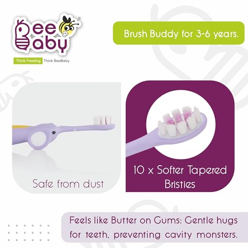 Image of BeeBaby Brush Buddy Baby Toothbrush for Kids 3-6 Years, Ultra Soft Tapered Bristles Toddler Toothbrush for Milk & Permanent Teeth, BPA Free Easy Grip Toothbrush for Sensitive Gums - Violet Elephant