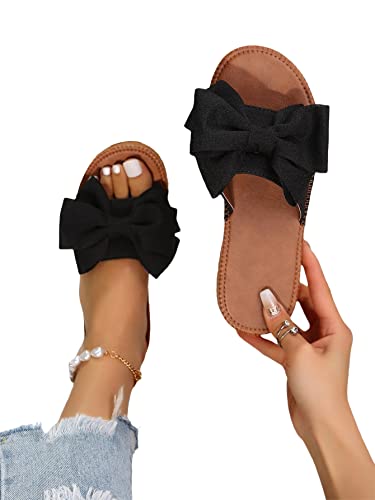 Image of GORGLITTER Women's Bow Flat Sandals Open Toe Slip On Slide Slipper Shoes | Sandals Women Comfortable, Dressy Sandal Women, Y2k Shoes, Dress Slippers for Women, Flats