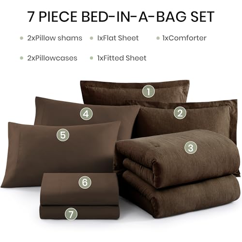 Image of Monbix Queen Comforter Set - 7 Pieces Cationic Dyeing Chocolate Brown Bed in a Bag Queen Bedding Sets with Comforter, Sheets, Pillowcases & Shams, Reversible Bedding Comforters Sets