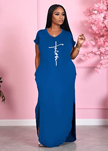 Image of Women Summer V Neck Loose Side Split Maxi Dresses with Pocket