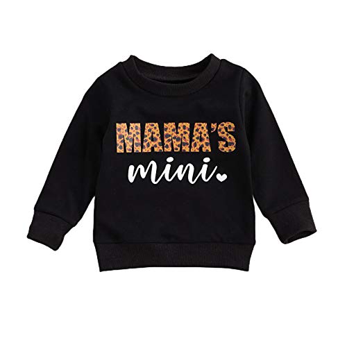 Toddler Baby Pullover Sweatshirt Girl Fall Mama's Mini Cotton Leopard Letter T-Shirt Tops Outfit Clothes (Solid Black 1, 0-6 Months)