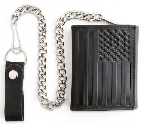 Image of F&L CLASSIC RFID Blocking Men's Tri-fold Vintage Biker Cowhide Leather Steel Chain Wallet,Snap closure, black, flag,315-200