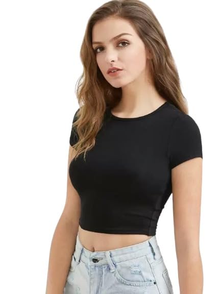 Image of Womens Round Neck Casual Solid Crop Top