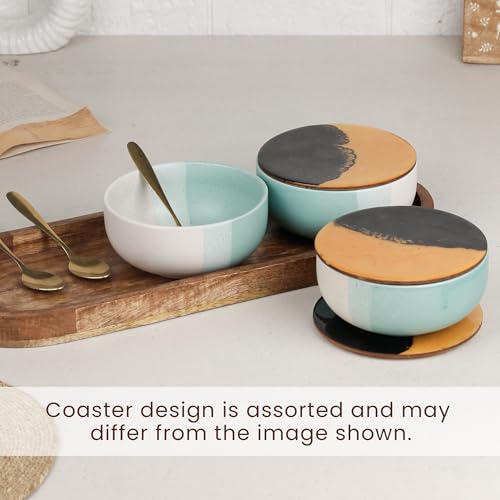 Image of The Earth Store TT Green Matte Ceramic Bowl Serving Set - 3 Bowls (500ml Each) with Wooden Tray, 3 Spoons & 3 Multipurpose Lids /Coaster - for Snacks, Curries, Desserts & Fruits | Diwali Gift