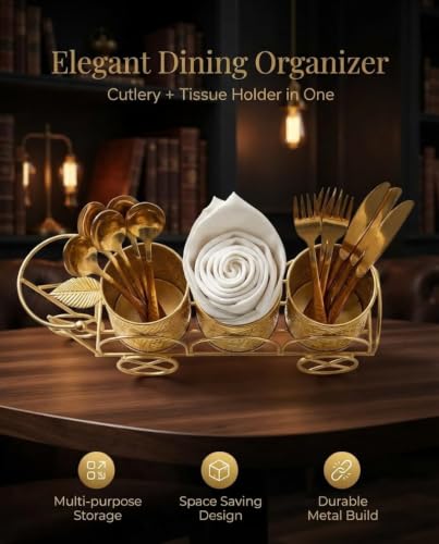 Image of Global 3-Compartment Cutlery Holder | Spoon Stand | Tissue Holder for Dining Table & Kitchen | Multi-Purpose Cutlery set for Dining Table-Gold