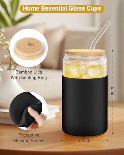 Image of sungwoo Glass Cups with Lids and Straws, 4 Pack 16OZ Iced Coffee Cups with Silicone Sleeve, Glass Tumbler with Straw and Bamboo Lid, Home Essential Drinking Set for Juice, Cocktail and Tea Black&White