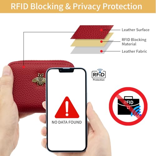 Image of WOZEAH Leather Credit Card Holder for Women Wallet RFID Blocking Zipper Wallet Card Case Business(Red)