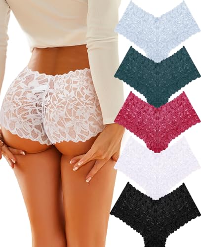 Image of ALL OF SHE Sexy Underwear Panties for Women Cheeky V Waist Lace Boyshorts Lingerie Plus Size Underwear Gift Wife Women 5 Pack