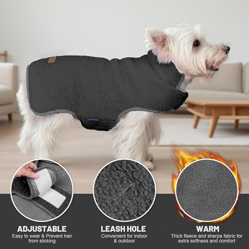 Image of cyeollo Sherpa Dog Coat Reversible Dog Jackets for Small Dogs, Dark Gray, L | Warm Fleece Winter Sweater, Turtleneck Pet Vest, Adjustable Fit, Easy On & Off, Leash Hole for Cold Weather Outdoor Walks