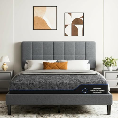 Marsail Queen Size Bed Frame and Mattress Set with Adjustable Upholstered Headboard and 12 Memory Foam Mattress Sturdy and Durable 12 Support Legs with Graphene Fabric and Cooling Gel Dark Gray