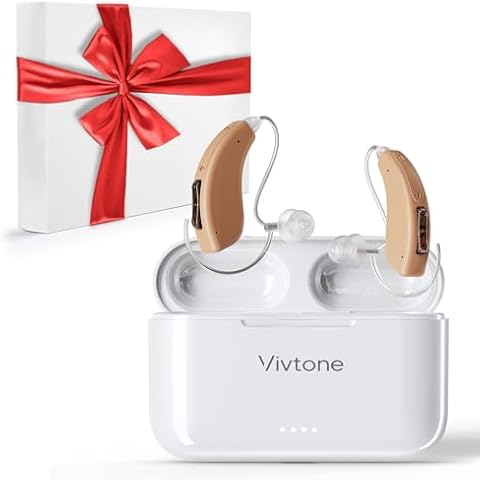 Vivtone Rechargeable Hearing Aids for Seniors Adults, Advanced Multi Channel Digital BTE Hearing Assist, with Recycle Charging Case for 125 Hrs Backup Power, Auto-On/Off, Pair, Lucid508-Beige Cover