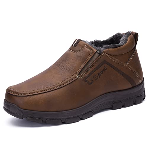 COSIDRAM Men Winter Snow Boots Cotton-Padded Leather Slip-on Casual Comfortable Fashion Outdoors Walking Sneakers Waterproof Anti-Skid House Shoes Brown 11