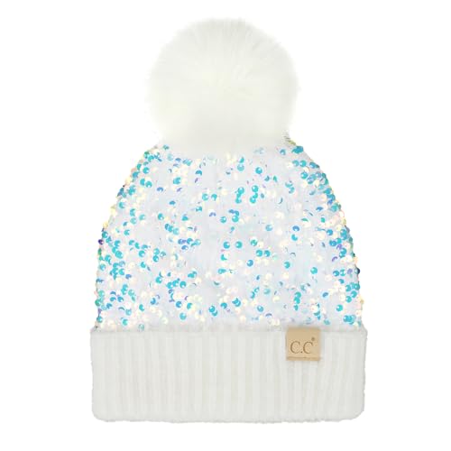 C.C Kids Sequin Fur Pom Beanie for Boys Girls - Comfortable Soft Warm Children Youth Knit Skully Hat with Faux Fur Pom (White)