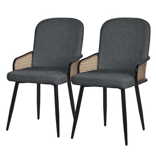 ML-Design Lot de 2 Chaises de Salle à Manger en Tissu Anthracite, Accoudoirs en Rotin et Pieds en Métal Noir, Assise Rembourrée Confortable, Fauteuils...