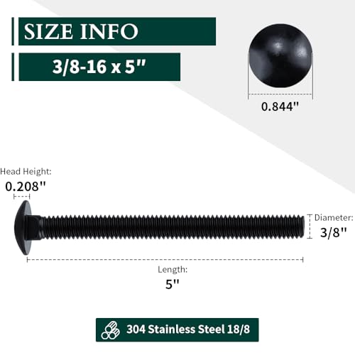 Image of 3 /8-16 x 5 Black Steel Carriage Bolts, 304 Stainless Steel 18-8, Round Domed Head Square Neck Carriage Bolts Screws, Coarse Thread UNC, 8 PCS