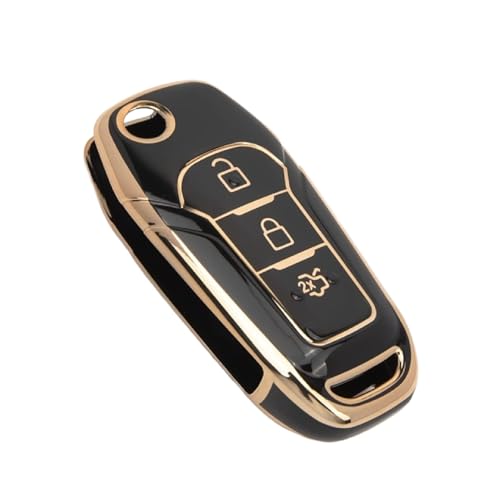 Image of JVCV Gold Border TPU Key Cover Compatible with Ford Endeavour Figo Aspire Freestyle 3 Button Folding Key - Glossy Protective Flip Key Case (Black)