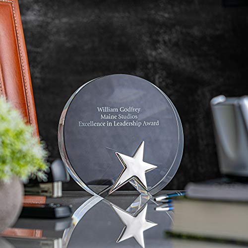 Baudville Engraved Trophy - Crystal Disc - Reflective Silver Star Accent - Comes In Gift Box - Award For Employees (Personalized Style) #TOP3