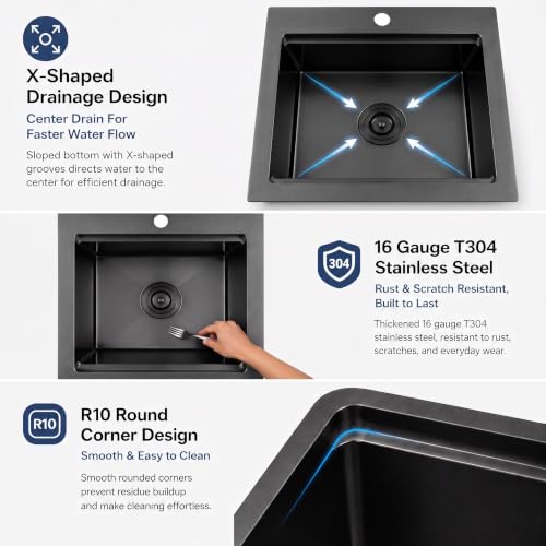 LQS Matte Black Stainless Steel Sink Drop In, 16” x 18” Black Small Laundry Sink, Prep Sink with Cutting Board Drop In, Black Kitchen Sinks with Workstation Ledge For RV, Outdoor and Prep Use by LQS - Used condition - Image 4