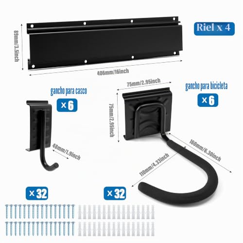 Miniatura 8 de Sinoer Portabicicletas De Pared, Portabicicletas De Pared Para 6 Bicicletas, 6 Cascos, Gancho Vertical Para Bicicleta Ancho Interior: 90 Mm - 4 Rieles