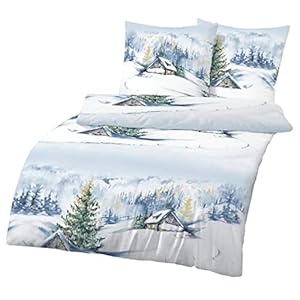 one-home Winter Bettwäsche 135×200 cm Schnee Landschaft blau weiß Biber Baumwolle B-Ware