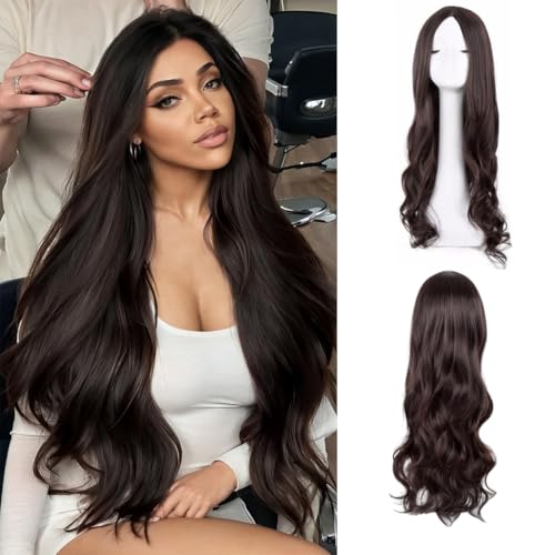 AOWVUTS Peluca Larga Ondulada para Mujeres Pelucas Sintéticas Naturales Pelucas de Pelo de Fibra Resistente al Calor Pelucas de Partición Media para Uso Diario en Fiestas Cosplay