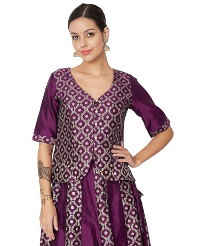 Image of studio rasa Women's Silk Blend Block Printed Button Down Readymade Top for Wedding Festive Party