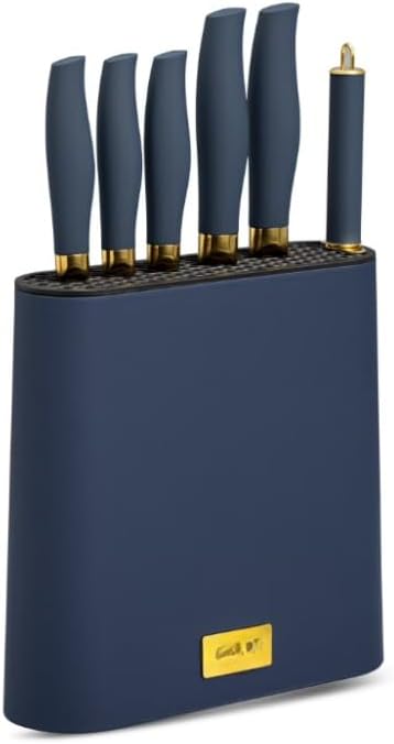 Thy.me - Juego de cuchillos de mesa de 7 piezas con cuchillas doradas y bloque azul