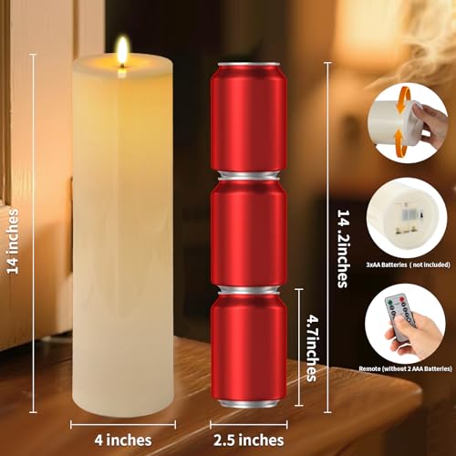 Image of 14 inch x 4 inch Large Outdoor Candles Battery Operated, Waterproof Flameless Candles Flickering with Timer Remote Control, Fake LED Pillar Candle for Patio Porch Lantern, Ivory, 2 Pack