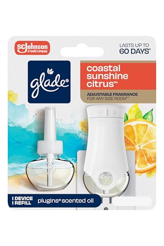 Glade PlugIns Refills Air Freshener Starter Kit, Scented Oil for Home and Bathroom, Coastal Sunshine Citrus, 0.67 Fl Oz, 1 Warmer + 1 Refill