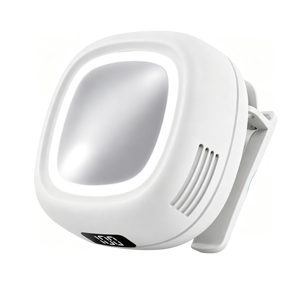 Ventilador de pinza para camisa recargable y silencioso con pantalla digital blanca.