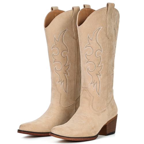 Image of IUV Cowboy Boots For Women Western Cowgirl Boots Mid Calf Snip Toe Boot With Chunky Heel
