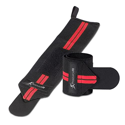 Image of ProsourceFit Pair of Barbell Weight Lifting Wrist Wraps Support with Thumb Loop, Red