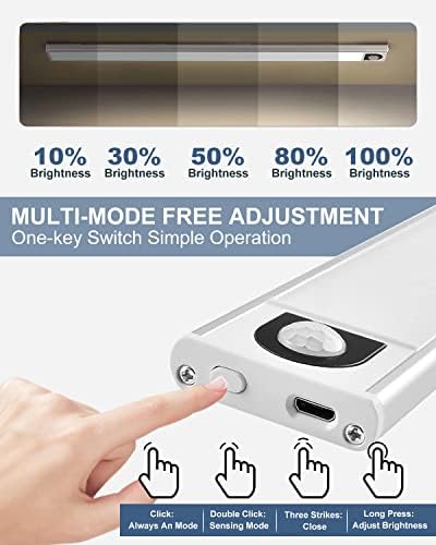Trongle Under Cabinet Lights, 1200mAh Wardrobe Lights Motion Sensor 31 LEDs with Stepless Dimming, USB Rechargeable Cupboard Lights with Magnetic Stickers, Portable Kitchen Lights Silver (20cm, 2 PCS)
