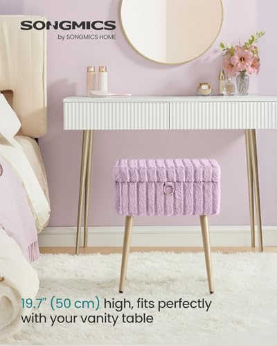 Image of SONGMICS Vanity Stool Chair Faux Fur with Storage, Vanity Bench, Metal Legs, Adjustable Feet, for Living Room, Bedroom, Makeup Room, Light Lilac ULOM505PZ02