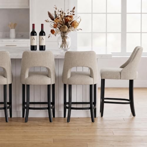 Image of UVV Bar Stools Set of 4, Upholstered Counter Height Bar Stools, Modern Counter Stools with Wood Legs for Kitchen Island Dining Room Bar, Khaki-Black Legs
