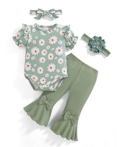 Image of Vibebox Baby Girl Clothes Newborn Preemie Summer Outfits Short Sleeve Ruffle Romper Tops Bell Bottoms Pant Sets with Headband