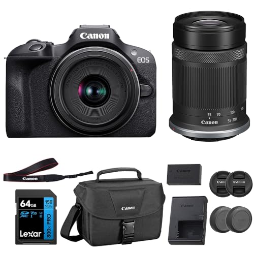 Canon EOS R100 mirrorless camera with RF-S 18-45mm lens, 64GB SD card, camera bag, battery, and lens caps.