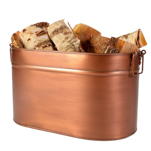 Copper Kindling Bucket Wood Basket - Vintage Style Recycled Metal Multi Use Coal Scuttle Kindling Basket Log Store Fire Bucket - Traditional Fireplace Accessories (Small)