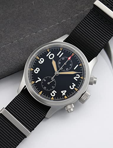 Tactical Frog Militado Men's Chronograph Watch 39Mm Military Vk61 Quartz Movement Dress Watches 316L Stainless Steel Case Sport Watch With Black Nylon Band, Black Dial #TOP6