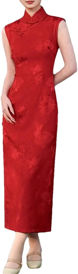 Womens Sleeveless Cheongsam Long Chinaese Style Stand Collar Slimming Dresses
