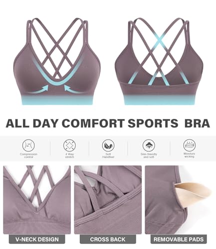 Image of VEQKING Seamless V-Neck Cross Back Women Sports Bra for Small Chest, 3 Pack | Made for A-C Cups, Spaghetti Straps, Removable Padded, Comfort Wireless for Low Impact Workout: Yoga, Lounging & Daily Wear