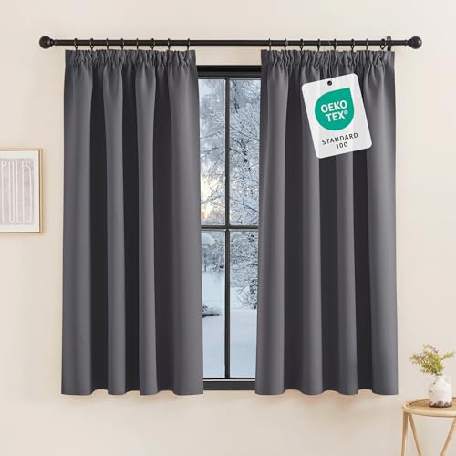 KGORGE Verdunklungsvorhänge mit Kräuselband Kurz Schlafzimmer 2-Set 160 x 140 cm(HxB) Grau Thermovorhang Blickdicht Fenster Gardienen Thermo Vorhänge für Schienensystem