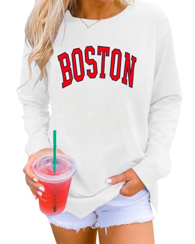 Dressmine Boston Shirt for Women Oversized Graphic Tees Long Sleeve Tops Looose Fall Pullover Sweatshirts White XX-Large