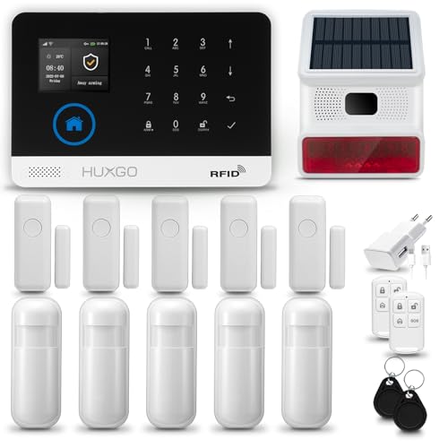 HUXGO® HXA003 Alarma casa con Sirena Exterior Solar WiFi + gsm | Kit Alarma casa inalámbrico con 5X sensores PIR de Movimiento, 5X sensores de Puerta/Ventana | Aplicación Tuya con Aviso al móvil