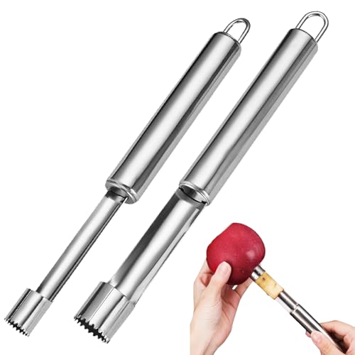 2 Stück Apfelentkerner,Apfelausstecher,Edelstahl Entkerner,Apfel Apfelstecher Ausstecher,Corer Kernausstecher Kerngehäuse Tool,Apfelkernausstecher Aufhängeöse (Silber,ø 1.3 & 2 cm)