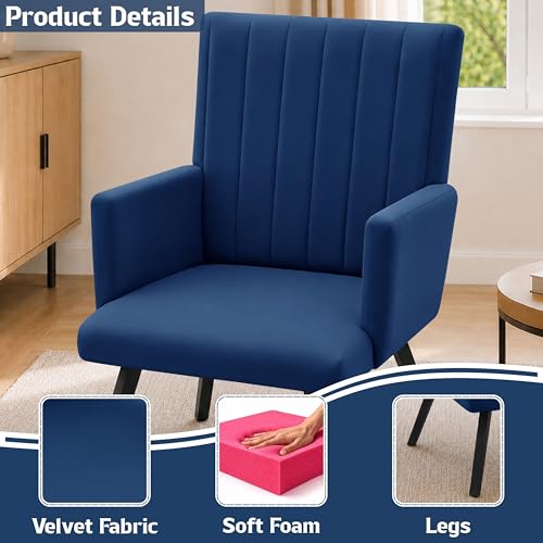 Image of Rosebell Modern Accent Chair for Living Room | Single Seater Chair with Armrests & Metal Legs | Comfortable Lounge Chair for Bedroom, Reading & Office | Blue