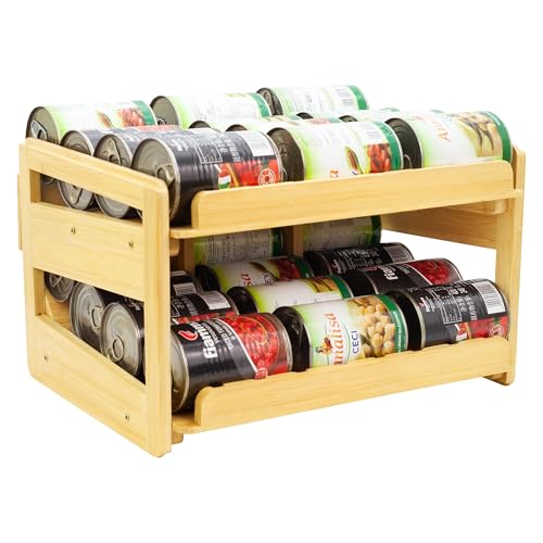 MinBoo Adjustable Can Organizer Rack?Two Tier Bamboo Stackable FIFO Cans Dispenser, Modern Style, 9.44
