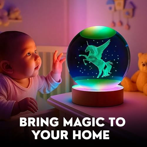 Image of 2 Pcs Magical Unicorn & Heart Dolphin 3D Crystal Ball Lamp | Enchanting Crystal Night Light with USB & Wooden Base | Perfect Home Decor & Office, A Unique Gift for Kids & Girls