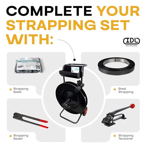 Image of IDL Packaging Strapping Cart & Dispenser for Steel Strapping, 16 inch x 3 inch Core | CA-505 for Steel Coils - Advanced Roller Brake System - Built-in Tray for Tools, Seals, and Gloves